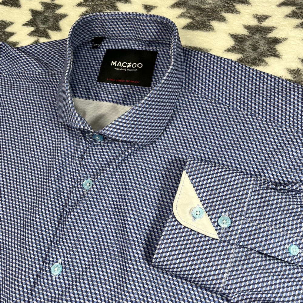 Maceoo Einstein 4 Way Stretch Q*bert Cubism Blue Geometric Shirt Mens 7 3XL